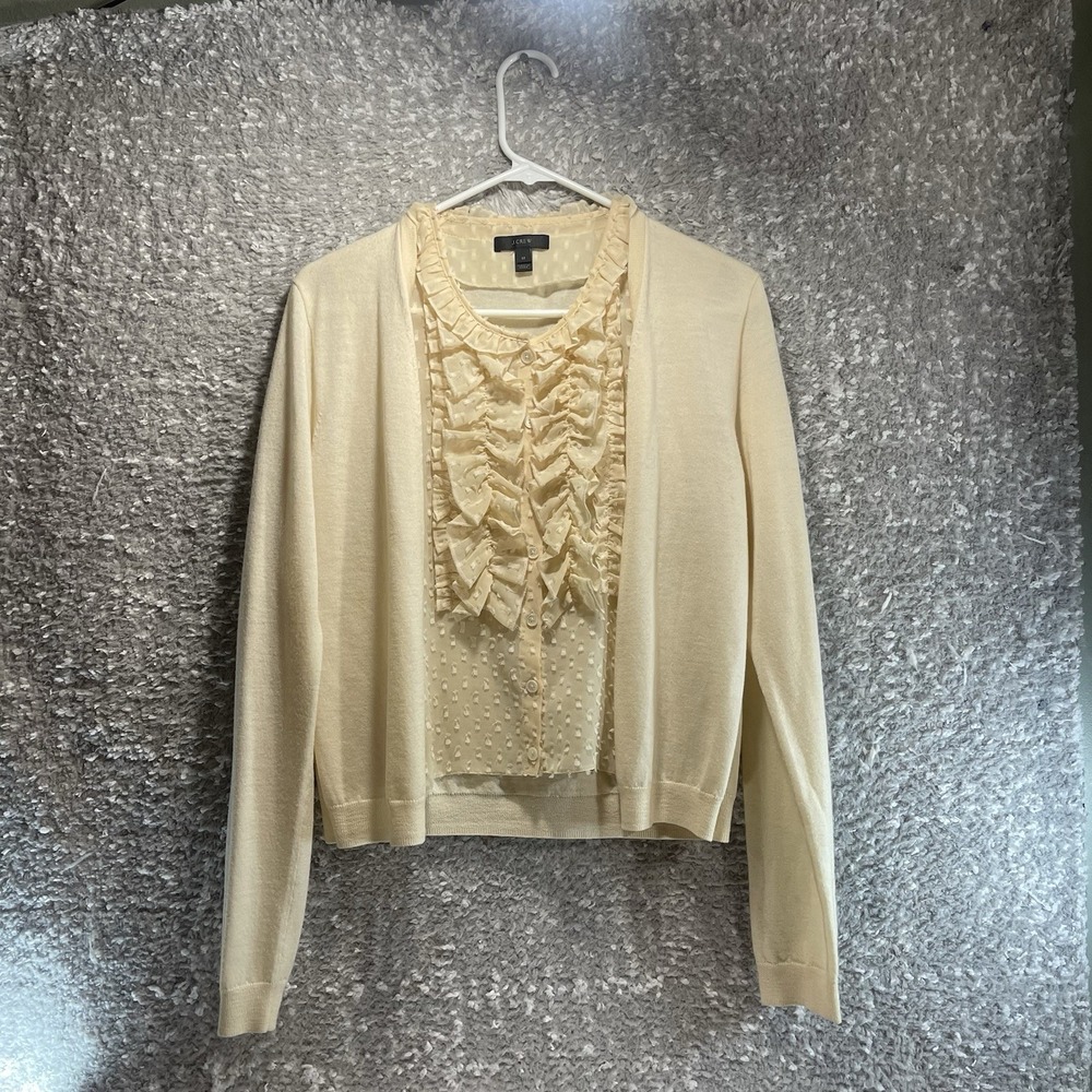 J.Crew 2 in 1 Cardigan Top With Ruffle Underlay Beige Merino Wool Preppy M